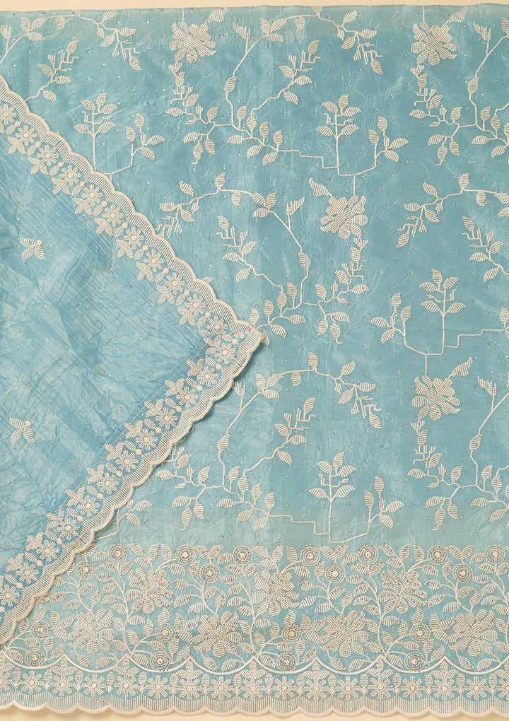 Sky Blue Crepe Threadwork Unstitched Dress Material With Matching Bottom And Dupatta