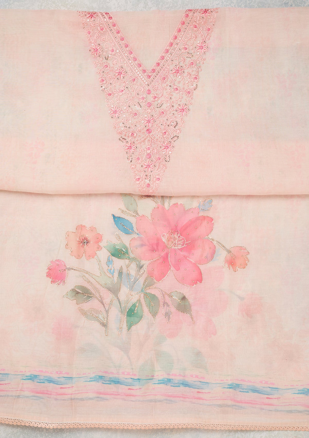 Baby Pink Cotton Threadwork Unstitched Dress Material With Matching Bottom And Dupatta