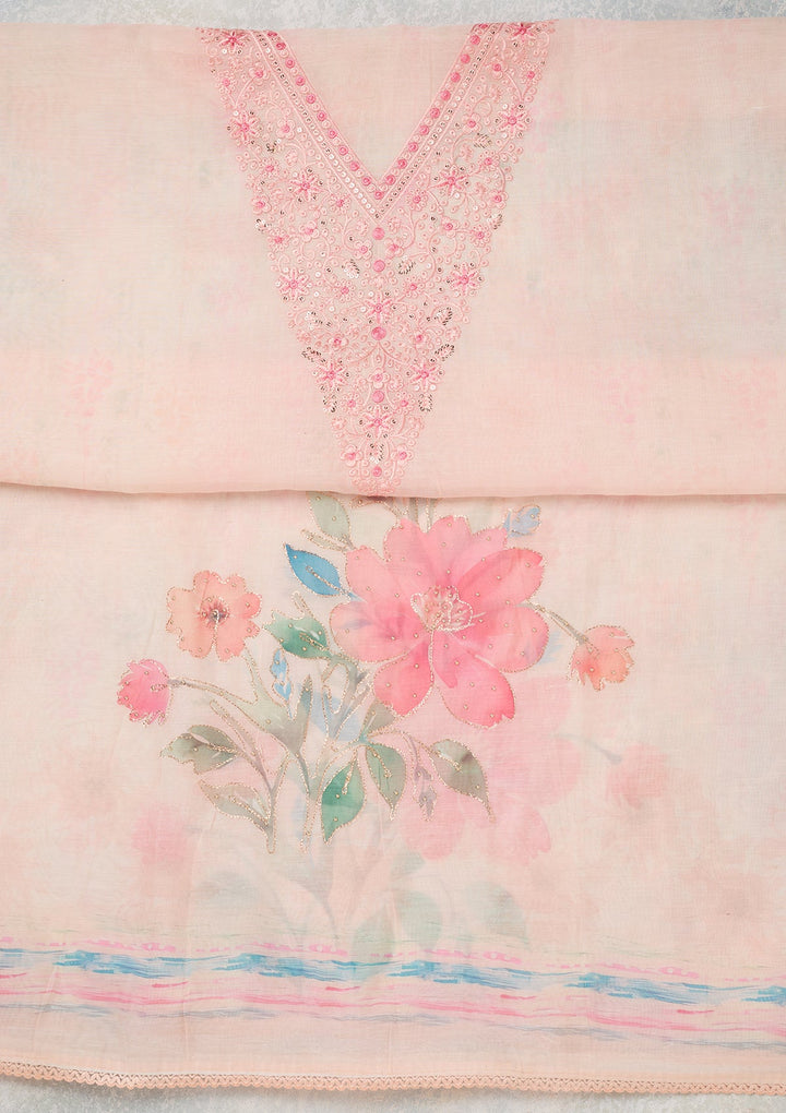 Baby Pink Cotton Threadwork Unstitched Dress Material With Matching Bottom And Dupatta