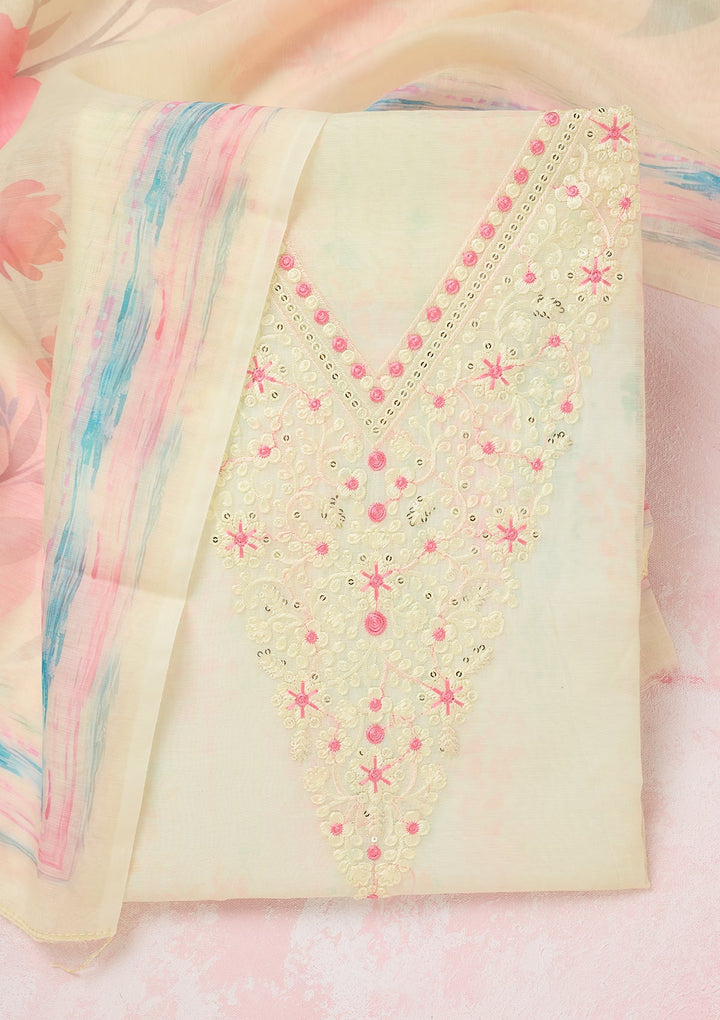 Lemon Yellow Threadwork Cotton Unstitched Salwar Suit