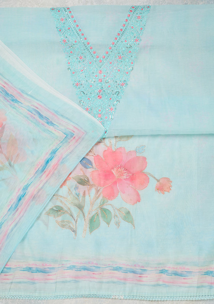 Sky Blue Cotton Threadwork Unstitched Dress Material With Matching Bottom And Dupatta