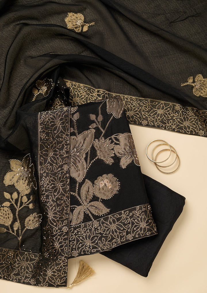Black Stonework (Gold) Dola Silk Unstitched Salwar Suit