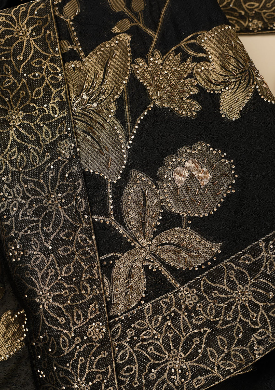 Black Stonework (Gold) Dola Silk Unstitched Salwar Suit