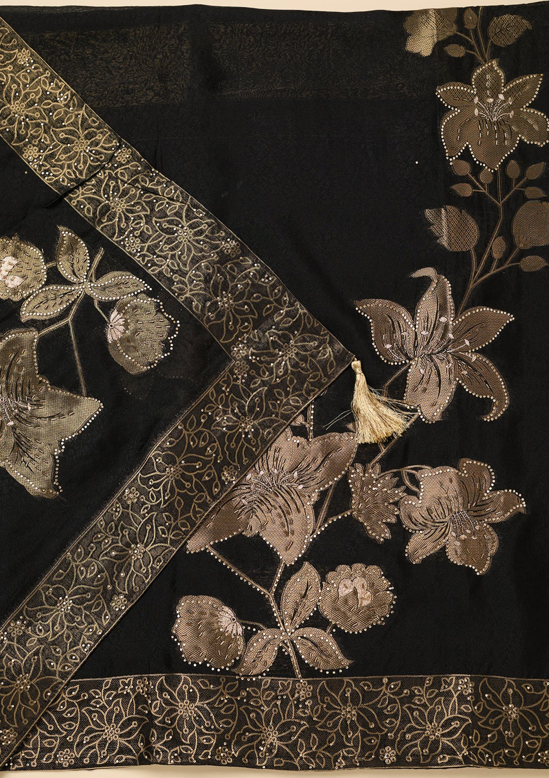 Black Stonework (Gold) Dola Silk Unstitched Salwar Suit