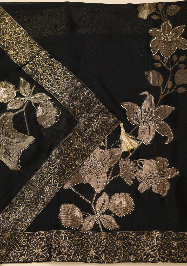 Black Stonework (Gold) Dola Silk Unstitched Salwar Suit