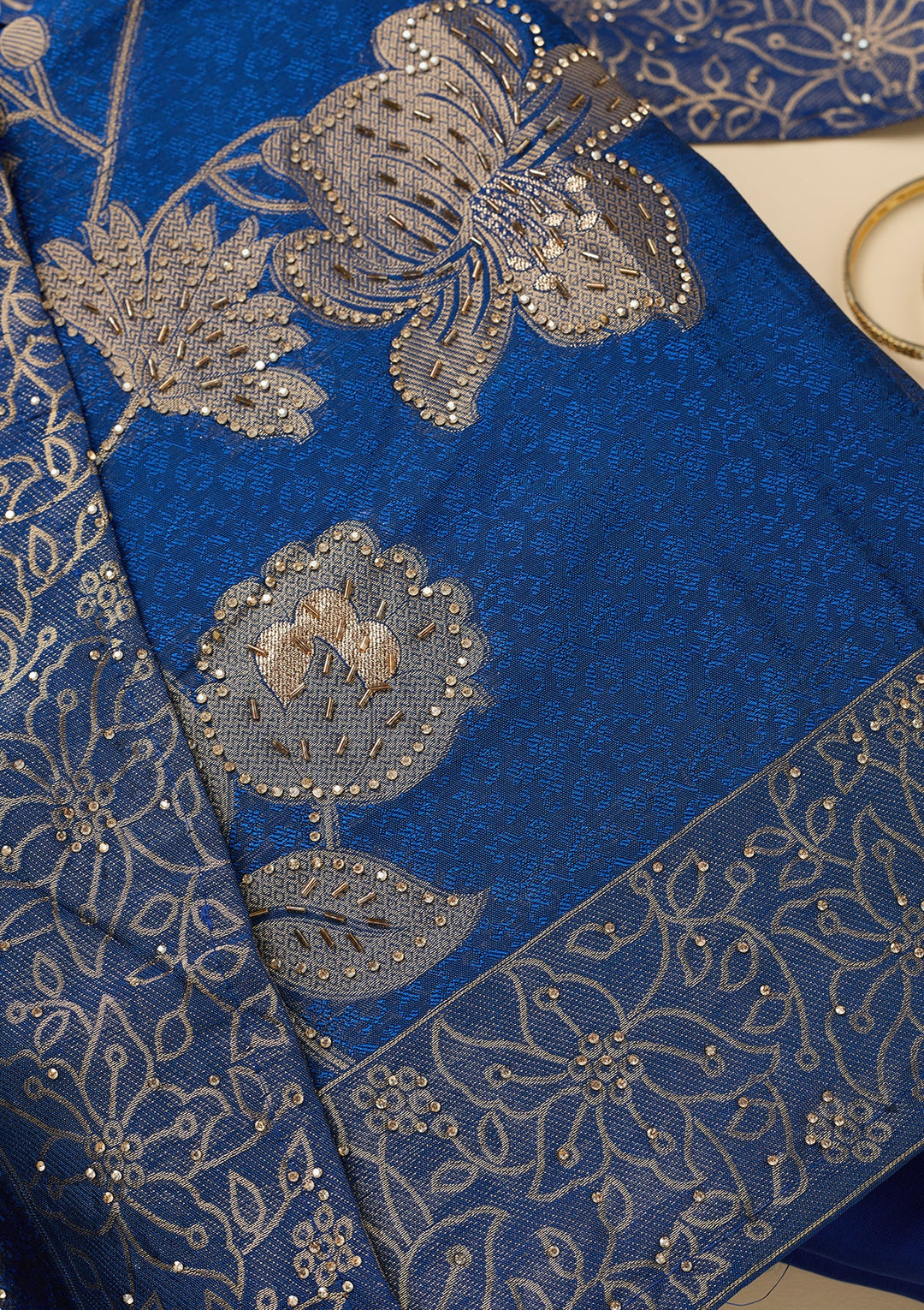 Blue Stonework (Gold) Dola Silk Unstitched Salwar Suit