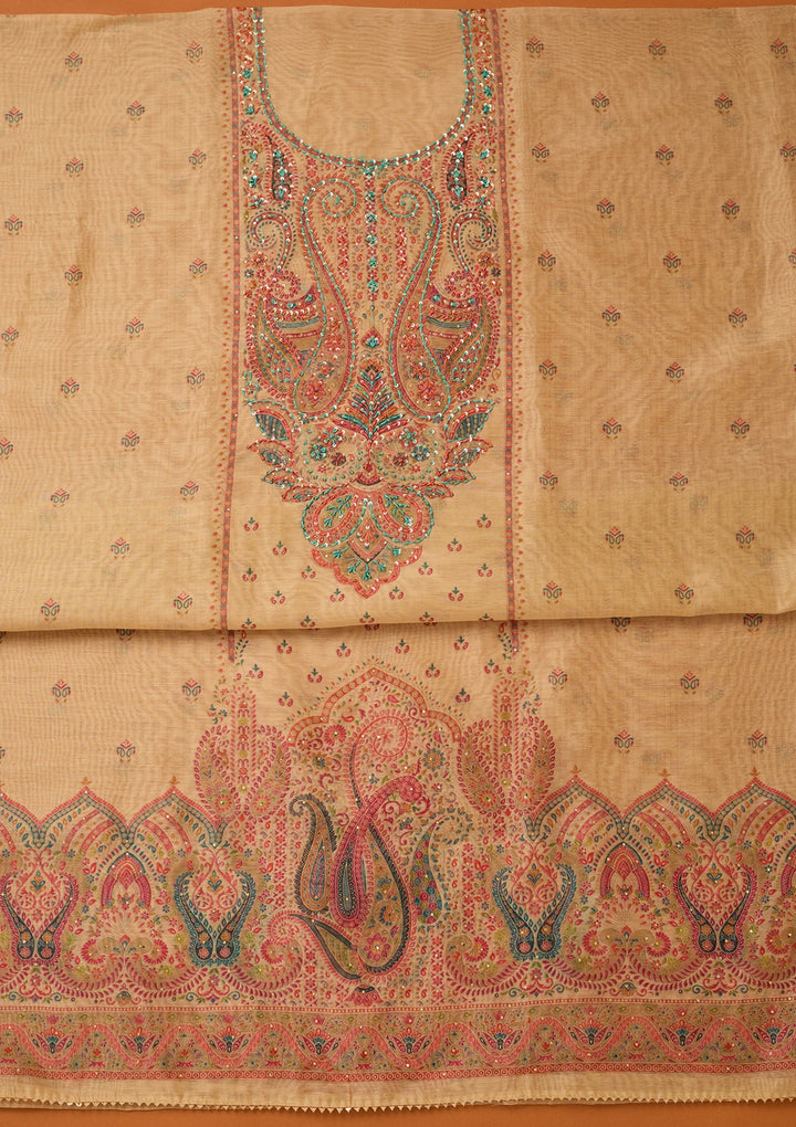 Beige Chanderi Threadwork Unstitched Dress Material With Matching Bottom And Dupatta
