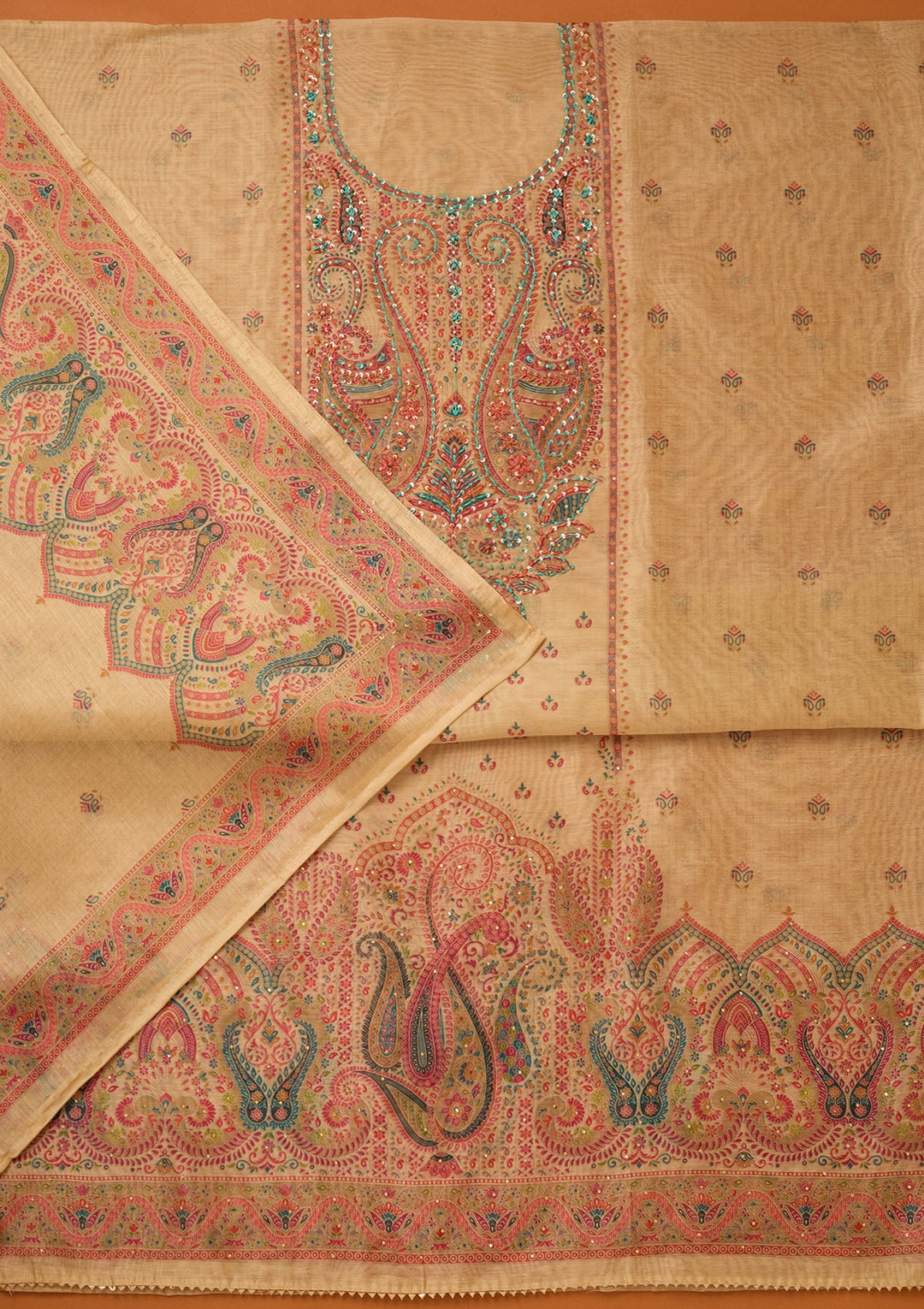 Beige Chanderi Threadwork Unstitched Dress Material With Matching Bottom And Dupatta