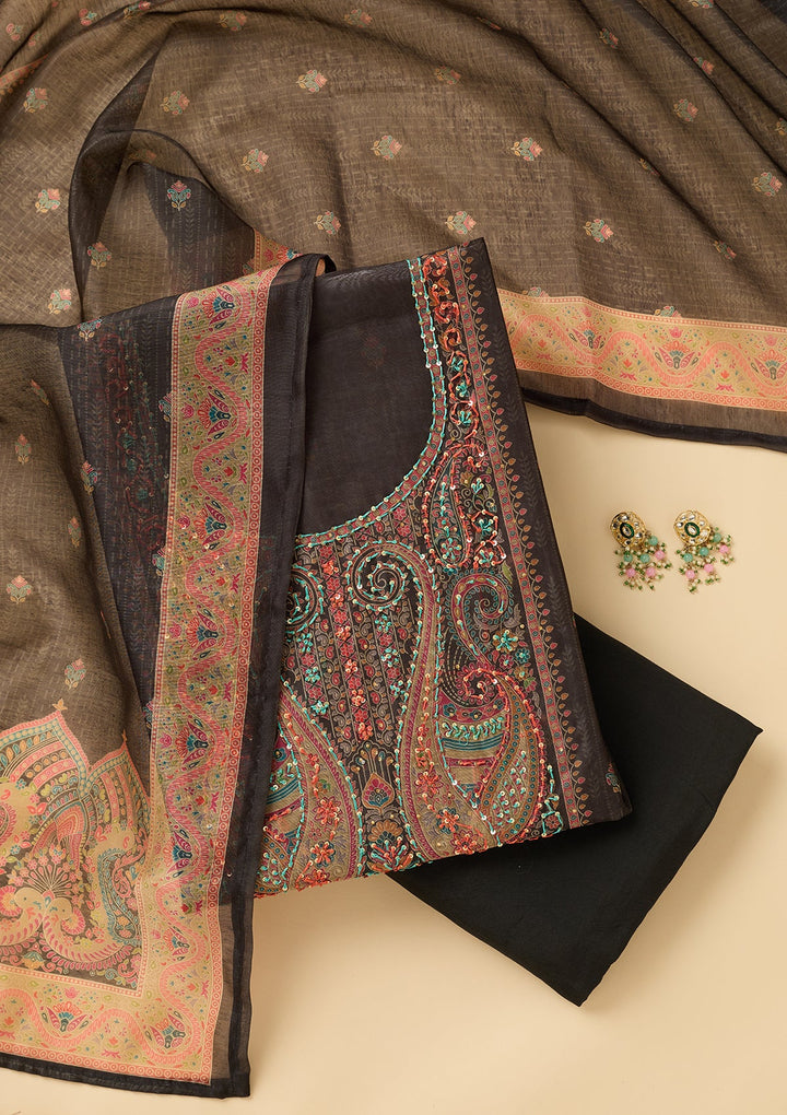 Black Chanderi Abstract Geometric Threadwork Unstitched Dress Material With Matching Bottom And Dupatta