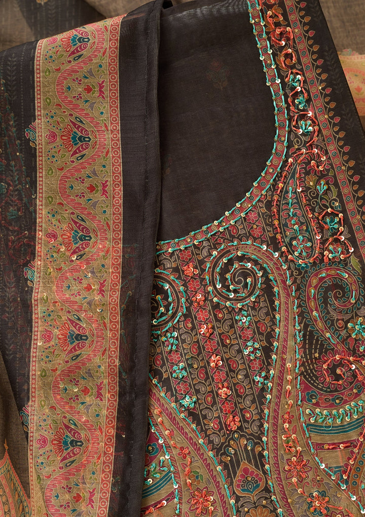 Black Chanderi Abstract Geometric Threadwork Unstitched Dress Material With Matching Bottom And Dupatta
