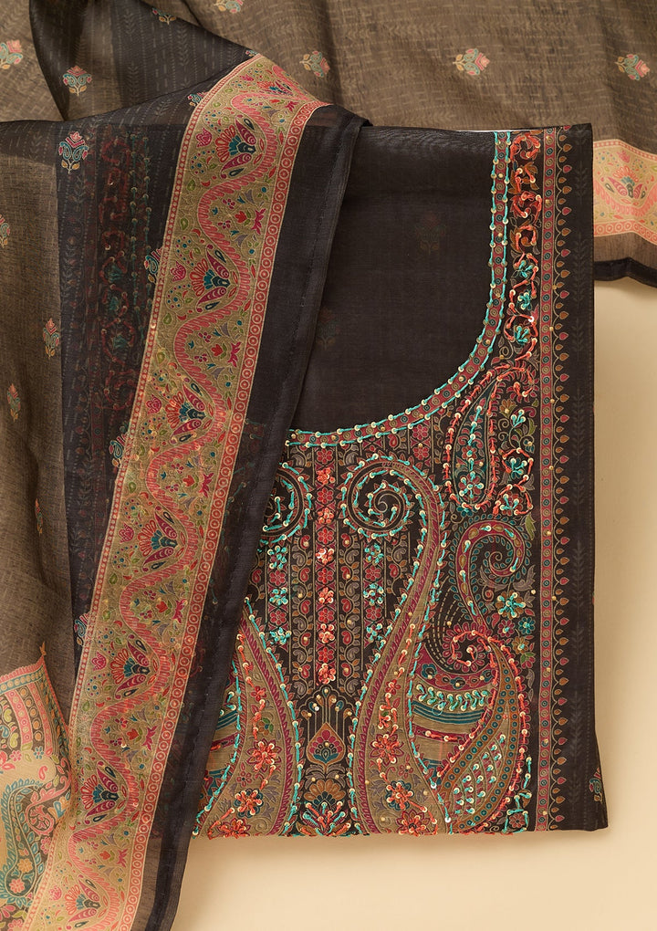 Black Chanderi Abstract Geometric Threadwork Unstitched Dress Material With Matching Bottom And Dupatta