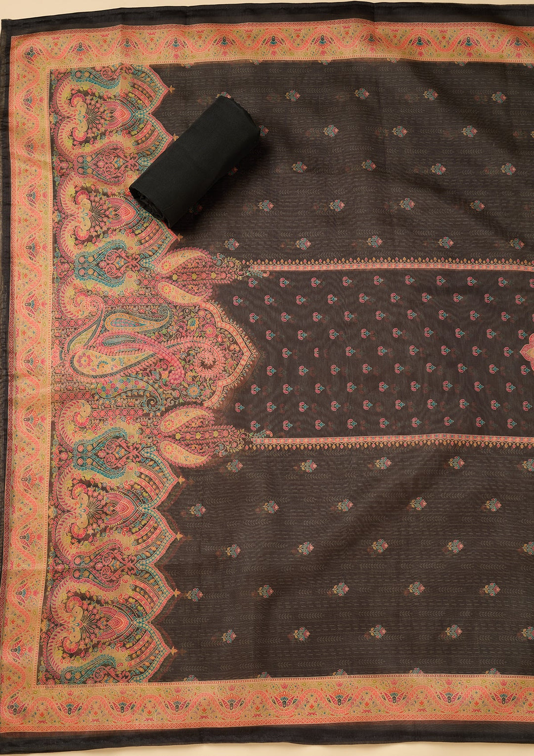 Black Chanderi Abstract Geometric Threadwork Unstitched Dress Material With Matching Bottom And Dupatta