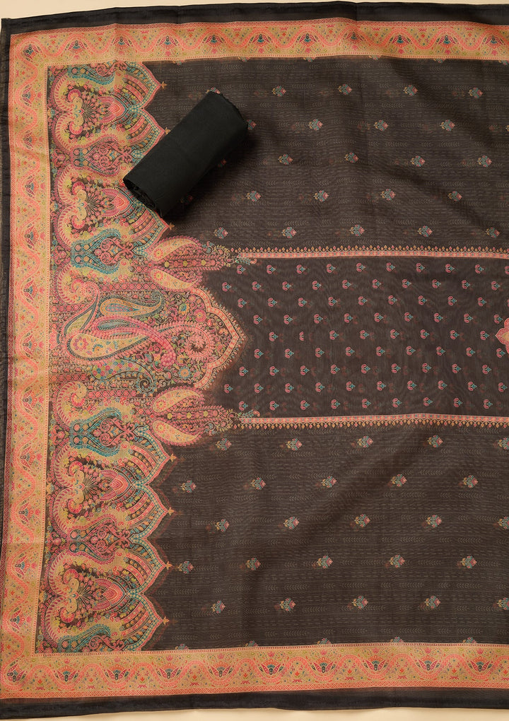 Black Chanderi Abstract Geometric Threadwork Unstitched Dress Material With Matching Bottom And Dupatta