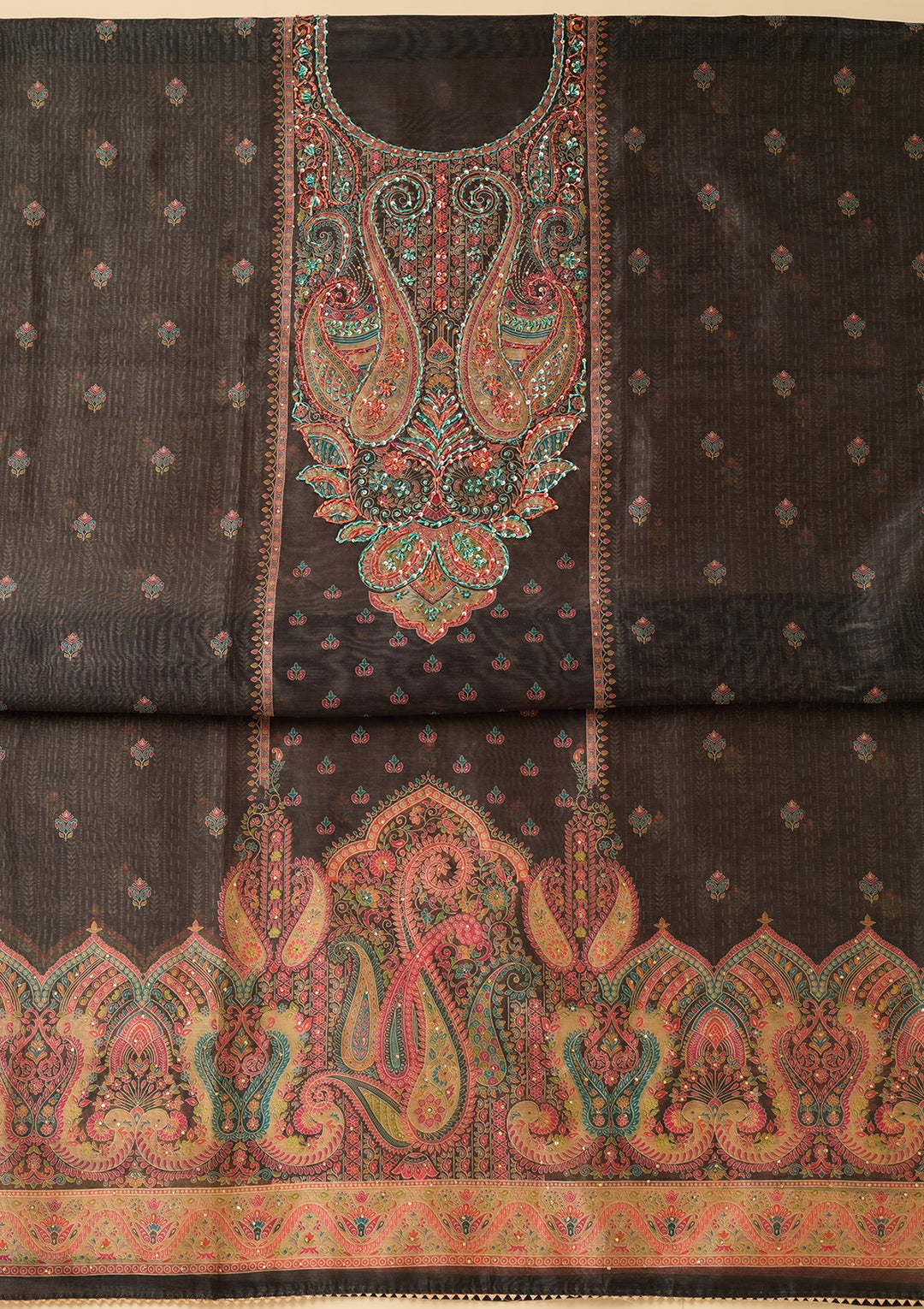 Black Chanderi Abstract Geometric Threadwork Unstitched Dress Material With Matching Bottom And Dupatta