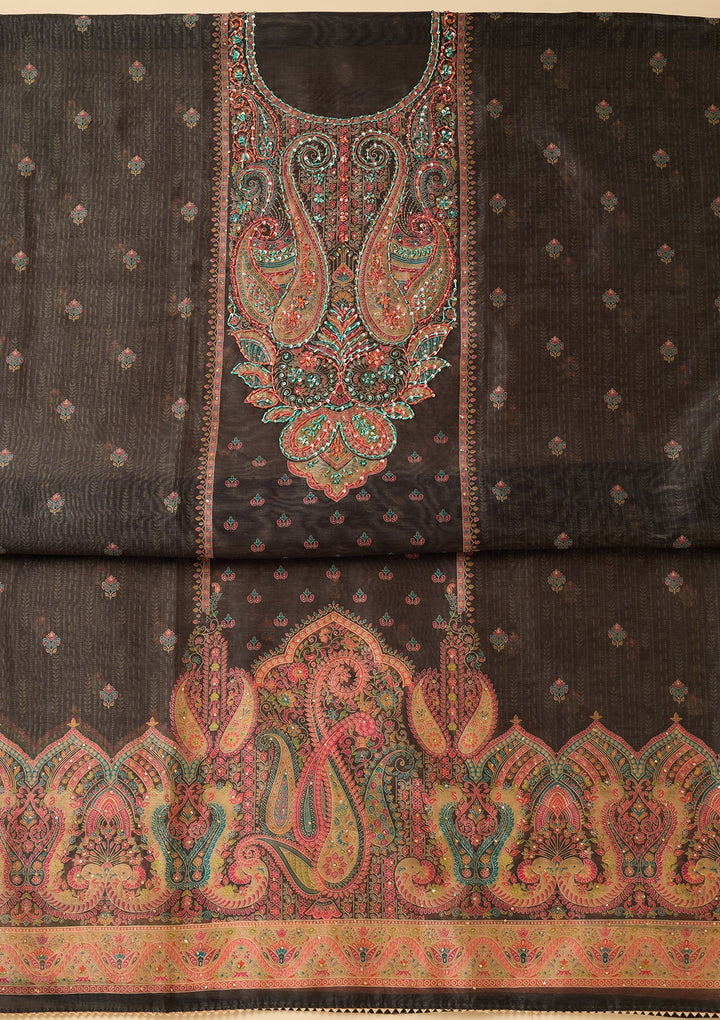 Black Chanderi Abstract Geometric Threadwork Unstitched Dress Material With Matching Bottom And Dupatta
