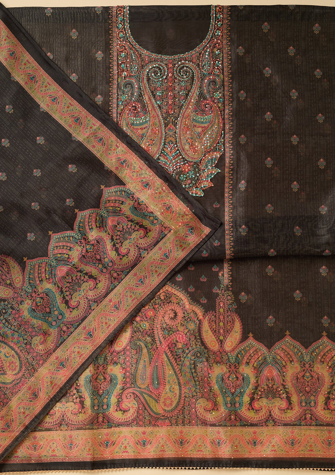 Black Chanderi Abstract Geometric Threadwork Unstitched Dress Material With Matching Bottom And Dupatta