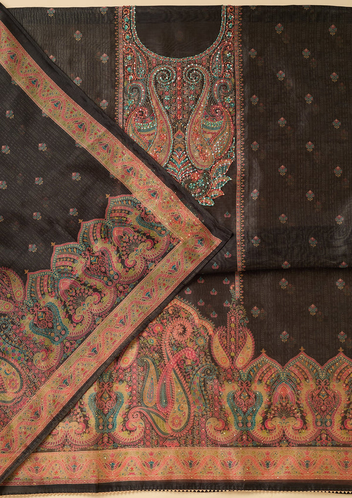 Black Chanderi Abstract Geometric Threadwork Unstitched Dress Material With Matching Bottom And Dupatta