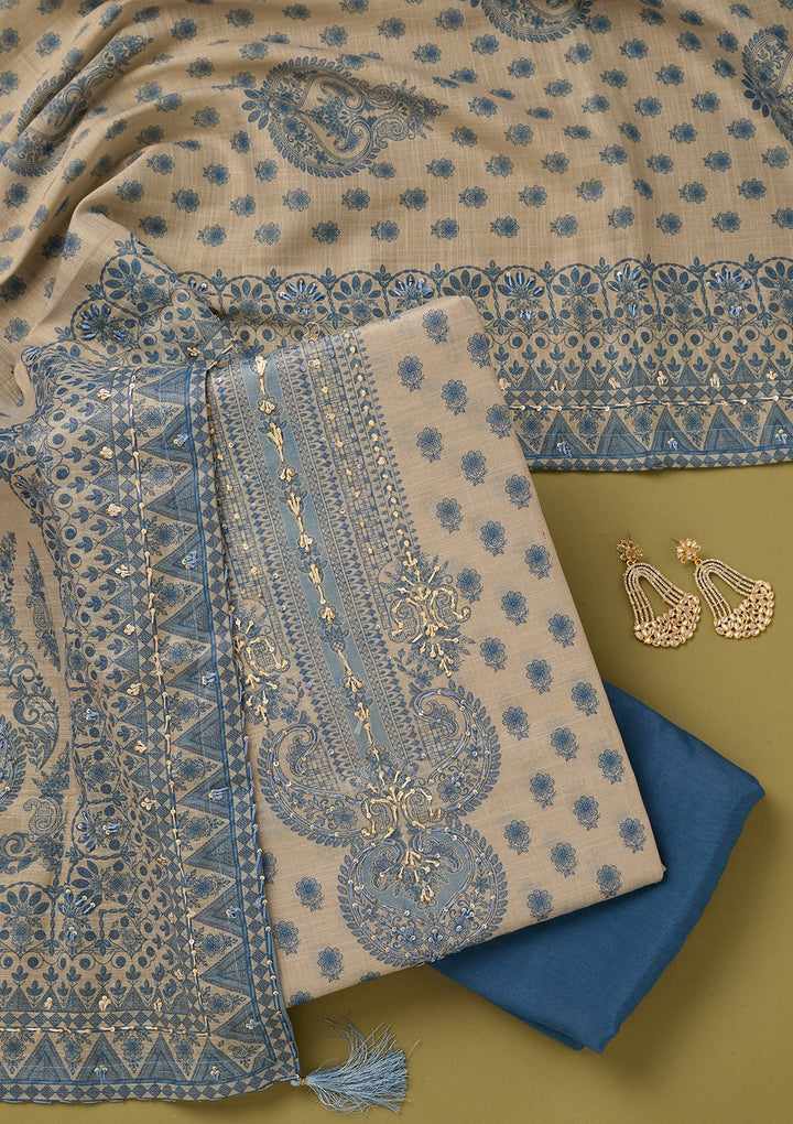 Off White Blue Cotton Floral Threadwork Unstitched Dress Material With Matching Bottom And Dupatta