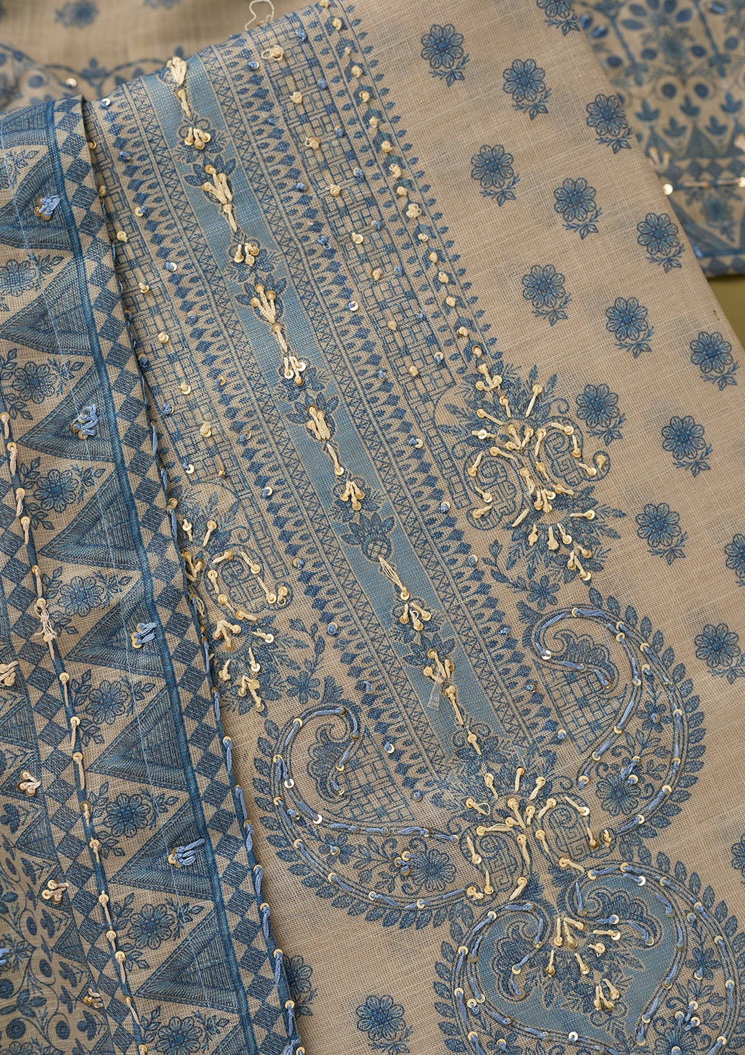 Off White Blue Cotton Floral Threadwork Unstitched Dress Material With Matching Bottom And Dupatta