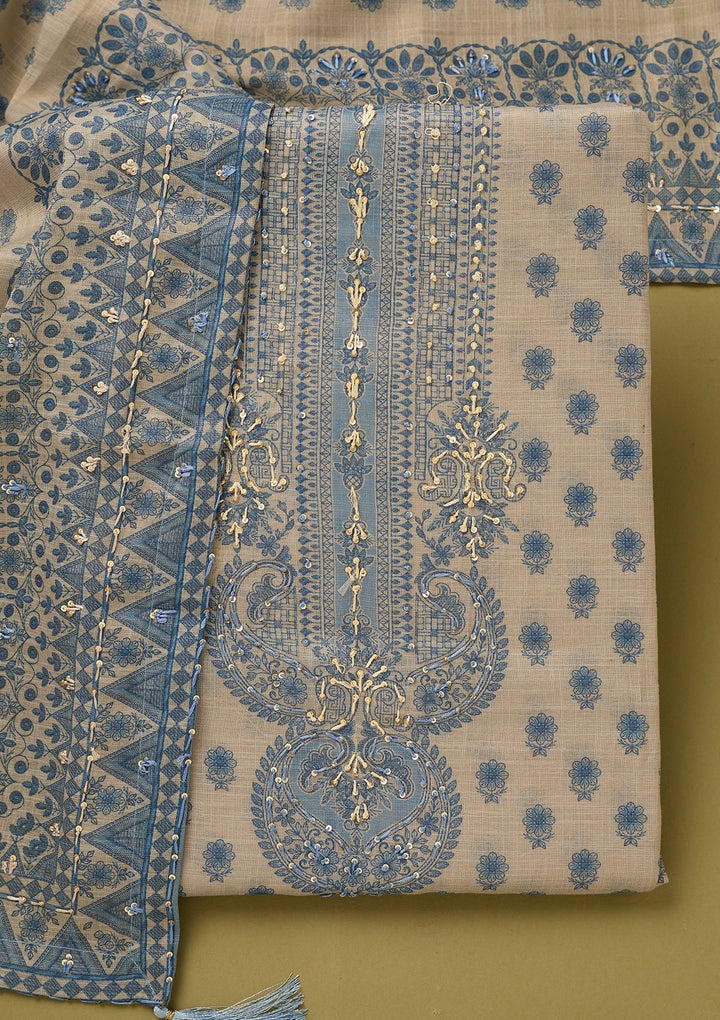 Off White Blue Cotton Floral Threadwork Unstitched Dress Material With Matching Bottom And Dupatta