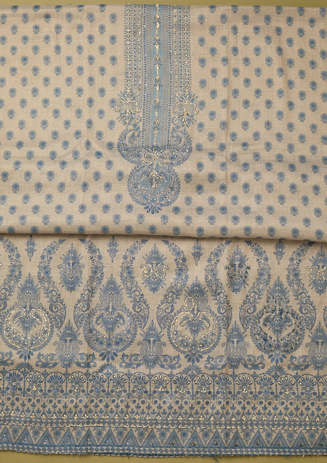 Off White Blue Cotton Floral Threadwork Unstitched Dress Material With Matching Bottom And Dupatta