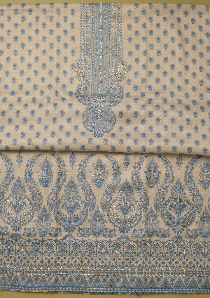 Off White Blue Cotton Floral Threadwork Unstitched Dress Material With Matching Bottom And Dupatta