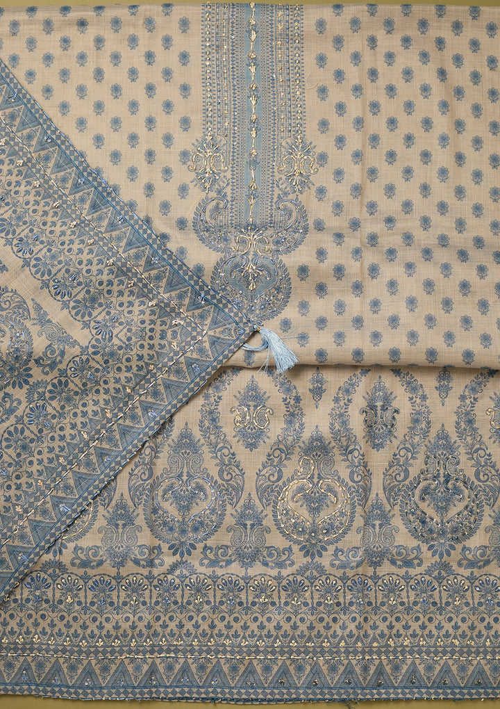 Off White Blue Cotton Floral Threadwork Unstitched Dress Material With Matching Bottom And Dupatta