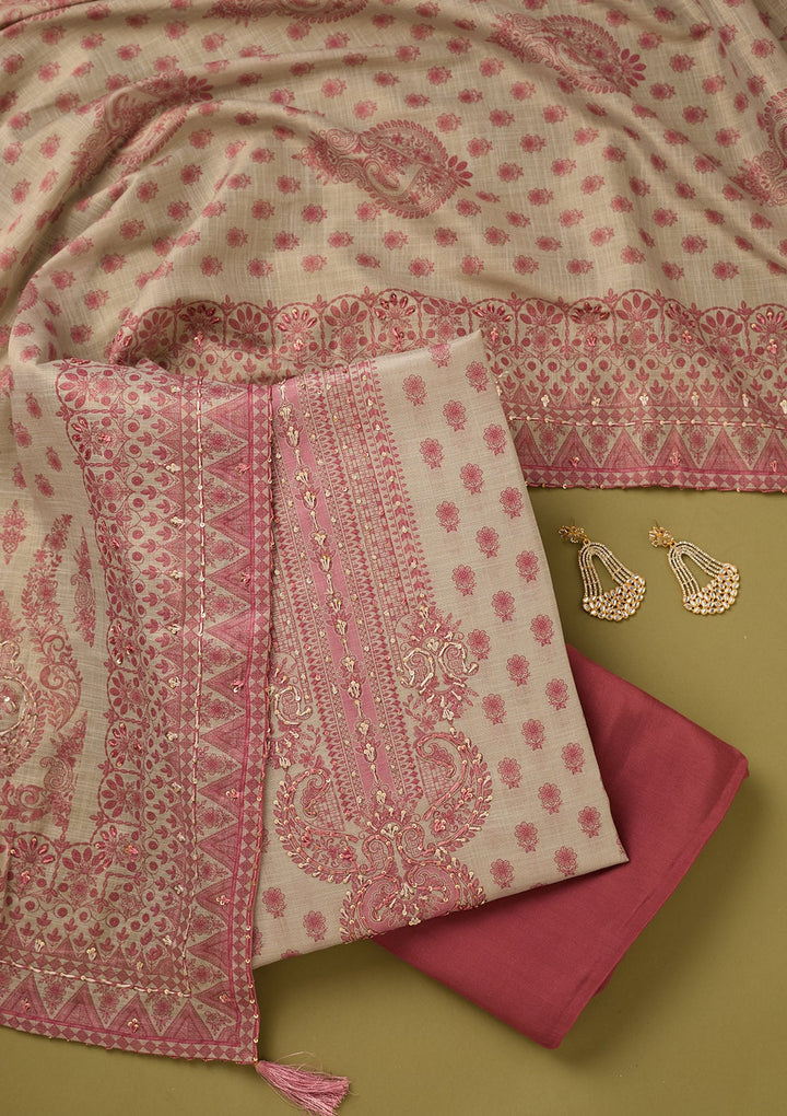Off White Onion Pink Cotton Floral Threadwork Unstitched Dress Material With Matching Bottom And Dupatta