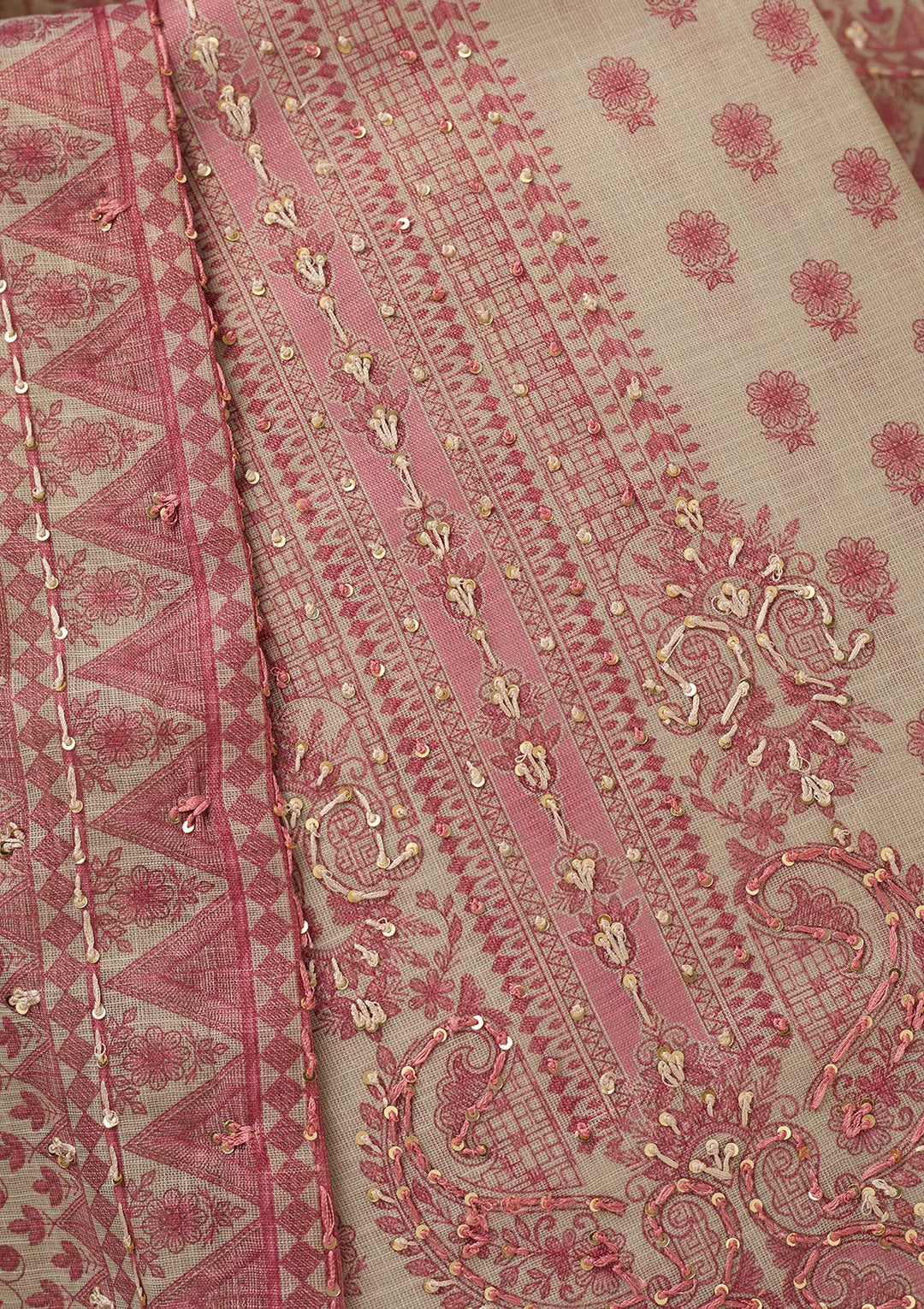 Off White Onion Pink Cotton Floral Threadwork Unstitched Dress Material With Matching Bottom And Dupatta