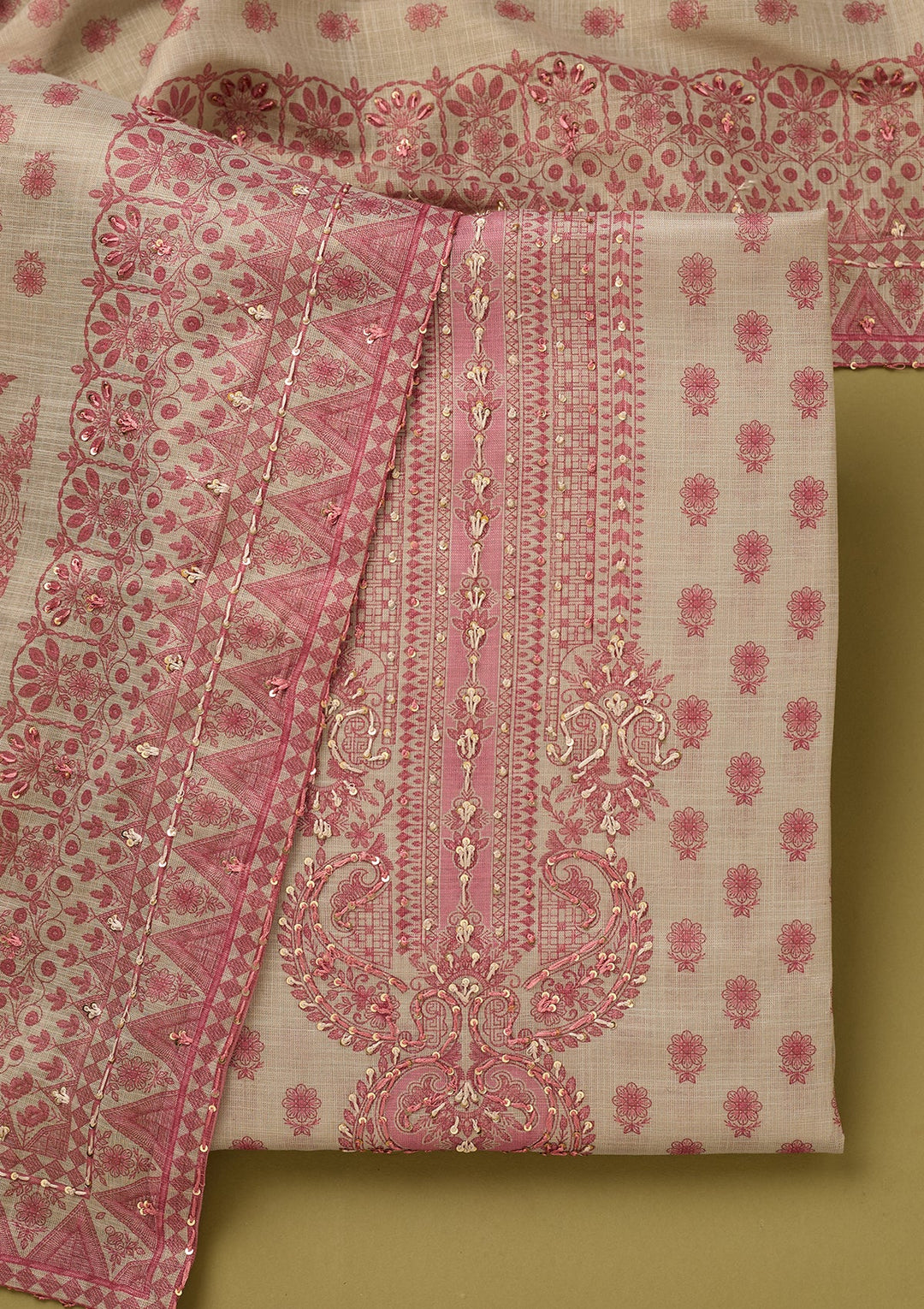 Off White Onion Pink Cotton Floral Threadwork Unstitched Dress Material With Matching Bottom And Dupatta