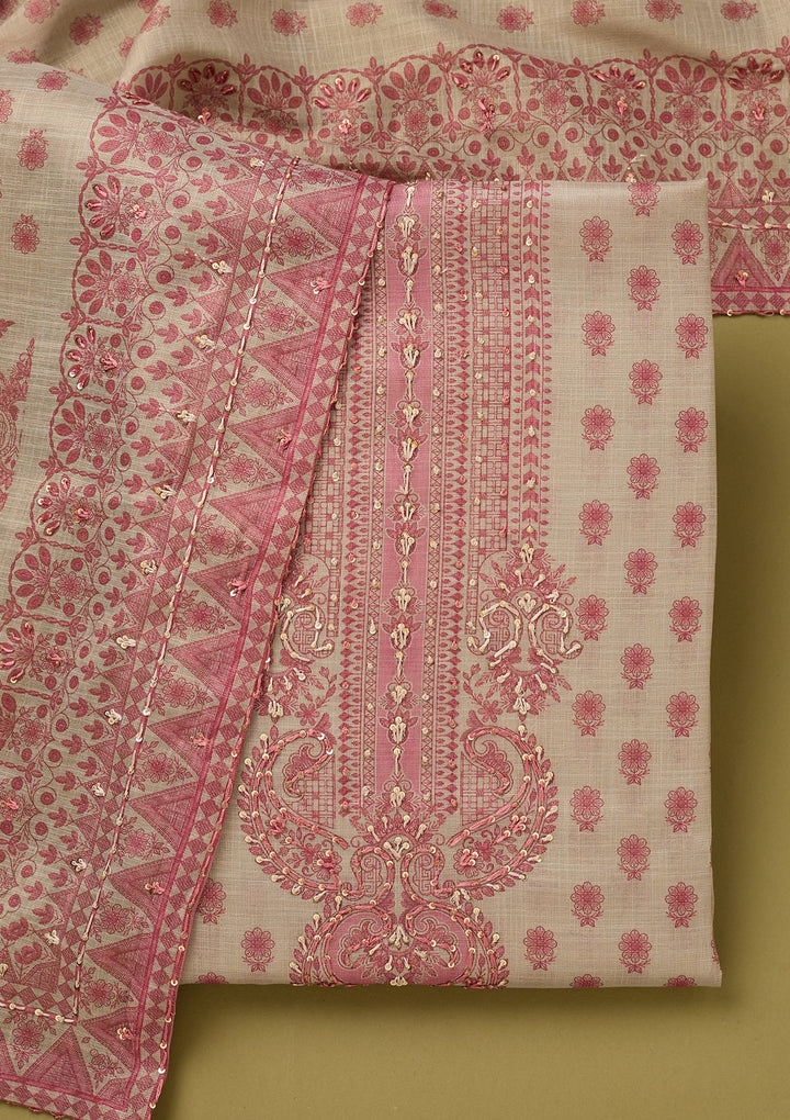 Off White Onion Pink Cotton Floral Threadwork Unstitched Dress Material With Matching Bottom And Dupatta