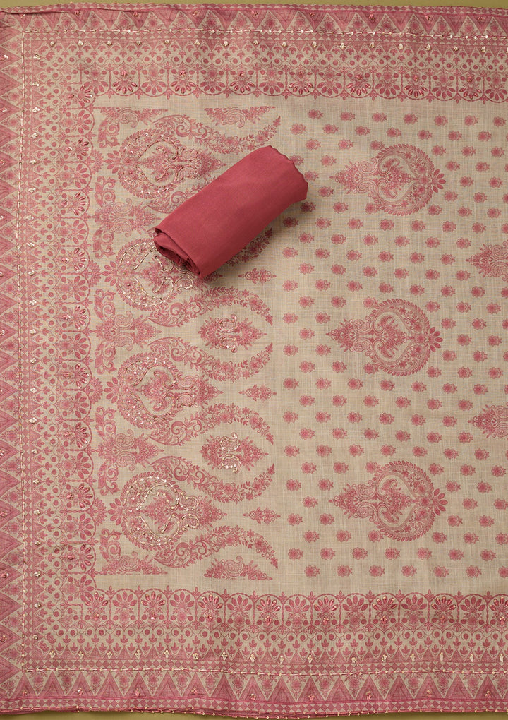 Off White Onion Pink Cotton Floral Threadwork Unstitched Dress Material With Matching Bottom And Dupatta