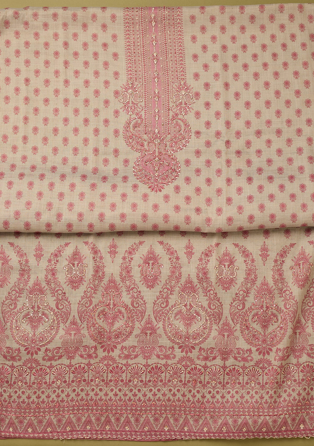 Off White Onion Pink Cotton Floral Threadwork Unstitched Dress Material With Matching Bottom And Dupatta