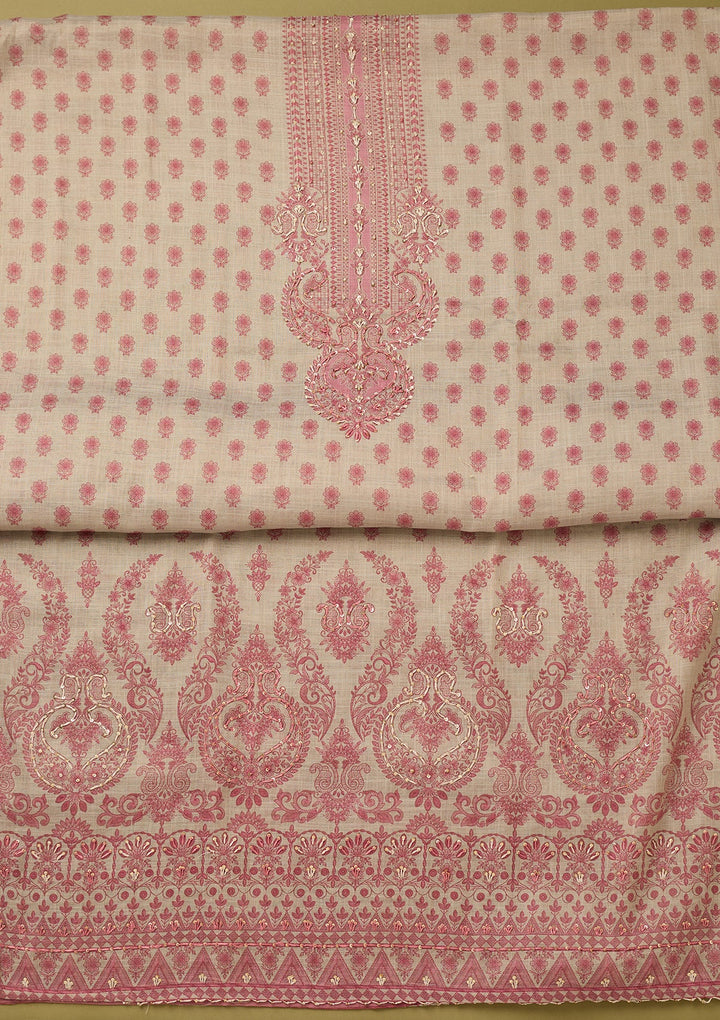 Off White Onion Pink Cotton Floral Threadwork Unstitched Dress Material With Matching Bottom And Dupatta