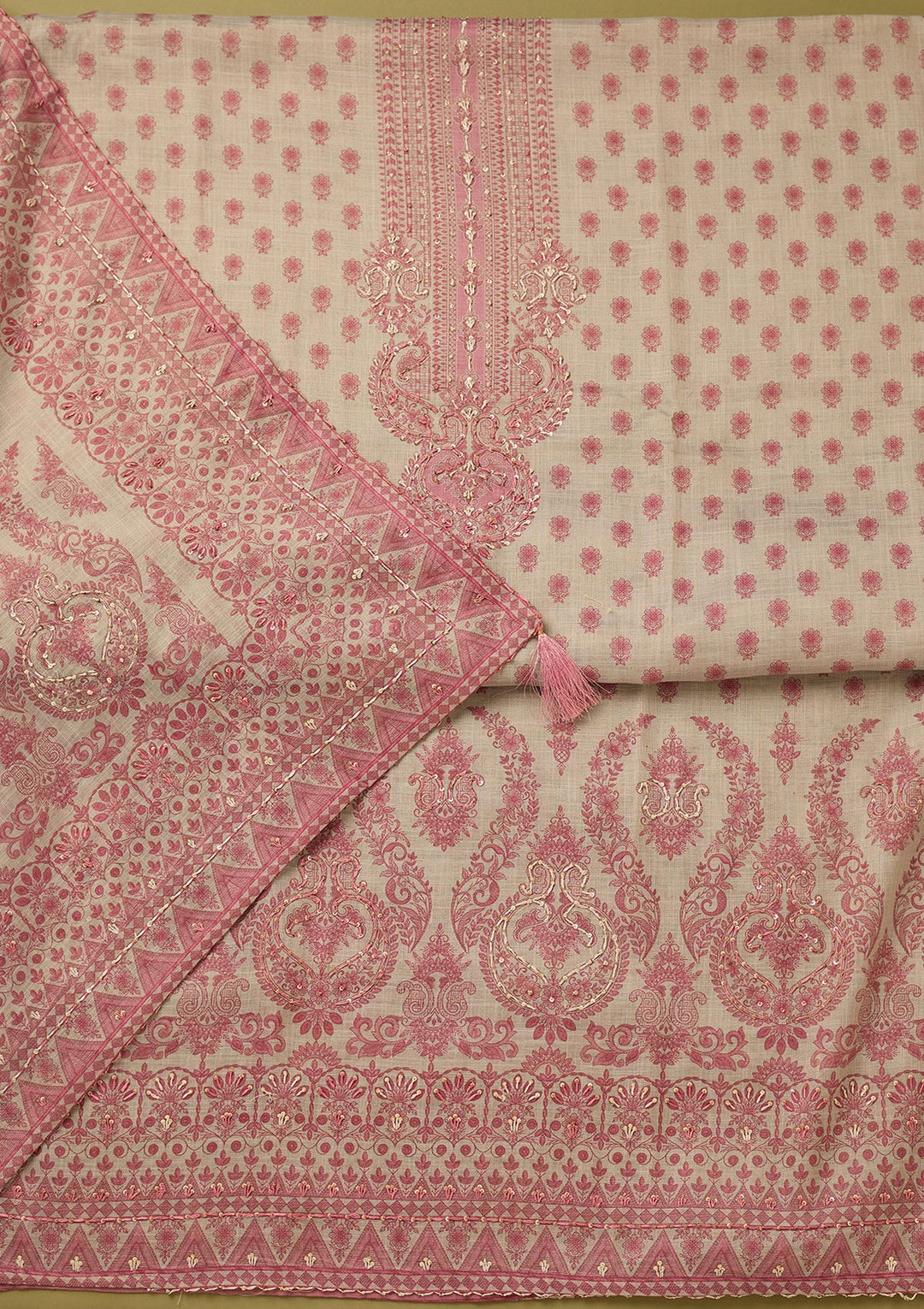 Off White Onion Pink Cotton Floral Threadwork Unstitched Dress Material With Matching Bottom And Dupatta