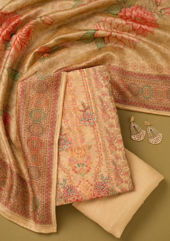 Beige Chanderi Floral Threadwork Unstitched Dress Material With Matching Bottom And Dupatta