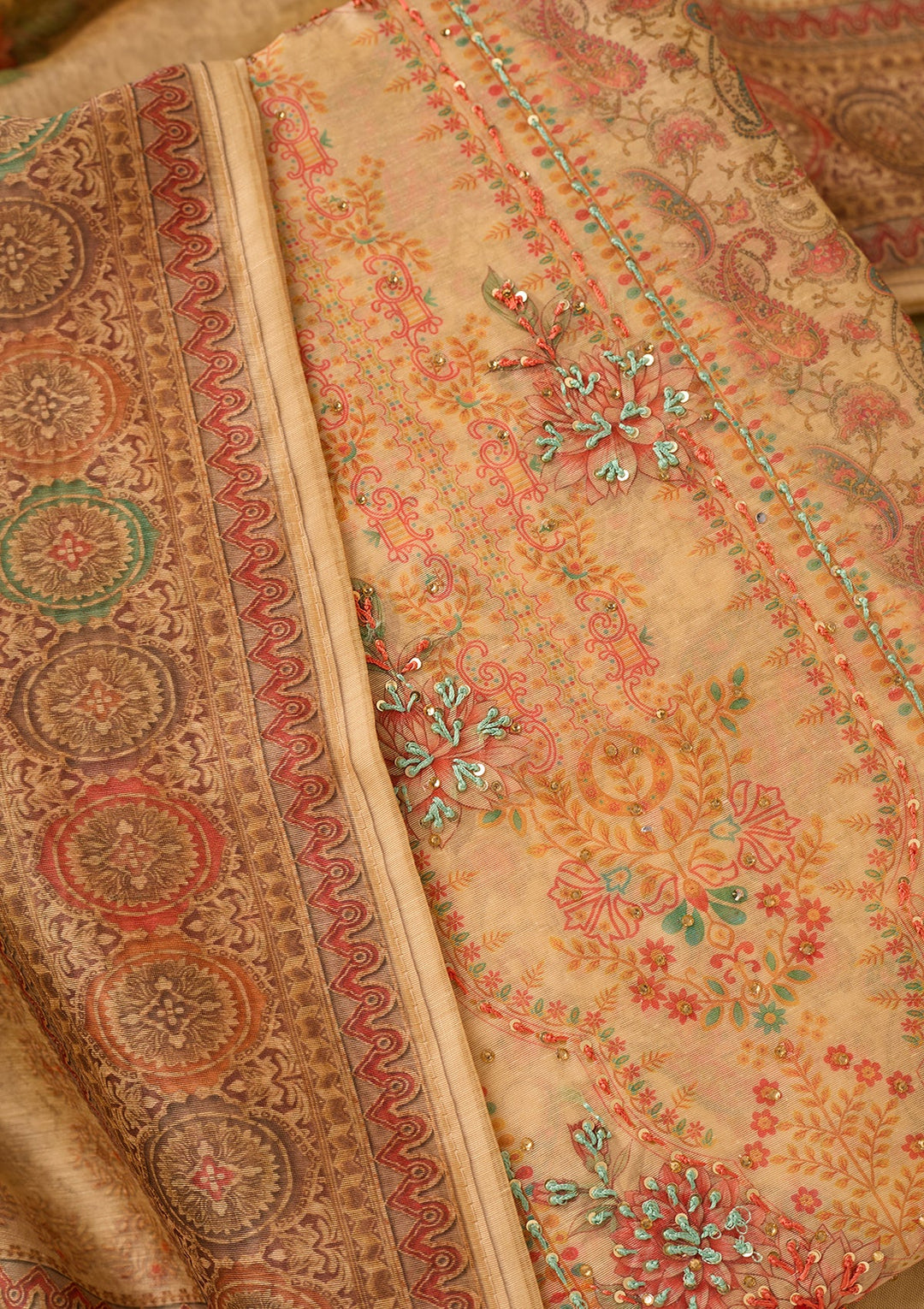 Beige Chanderi Floral Threadwork Unstitched Dress Material With Matching Bottom And Dupatta