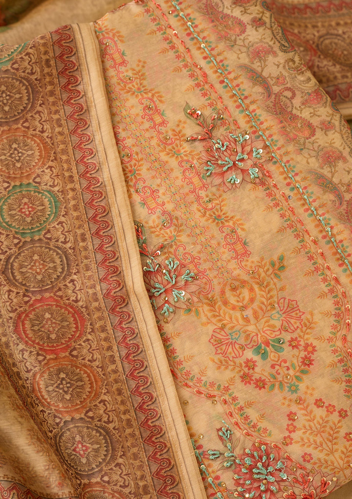 Beige Chanderi Floral Threadwork Unstitched Dress Material With Matching Bottom And Dupatta