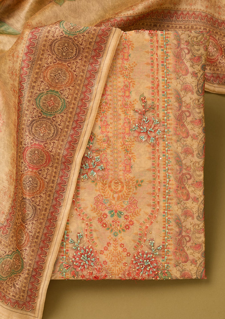 Beige Chanderi Floral Threadwork Unstitched Dress Material With Matching Bottom And Dupatta