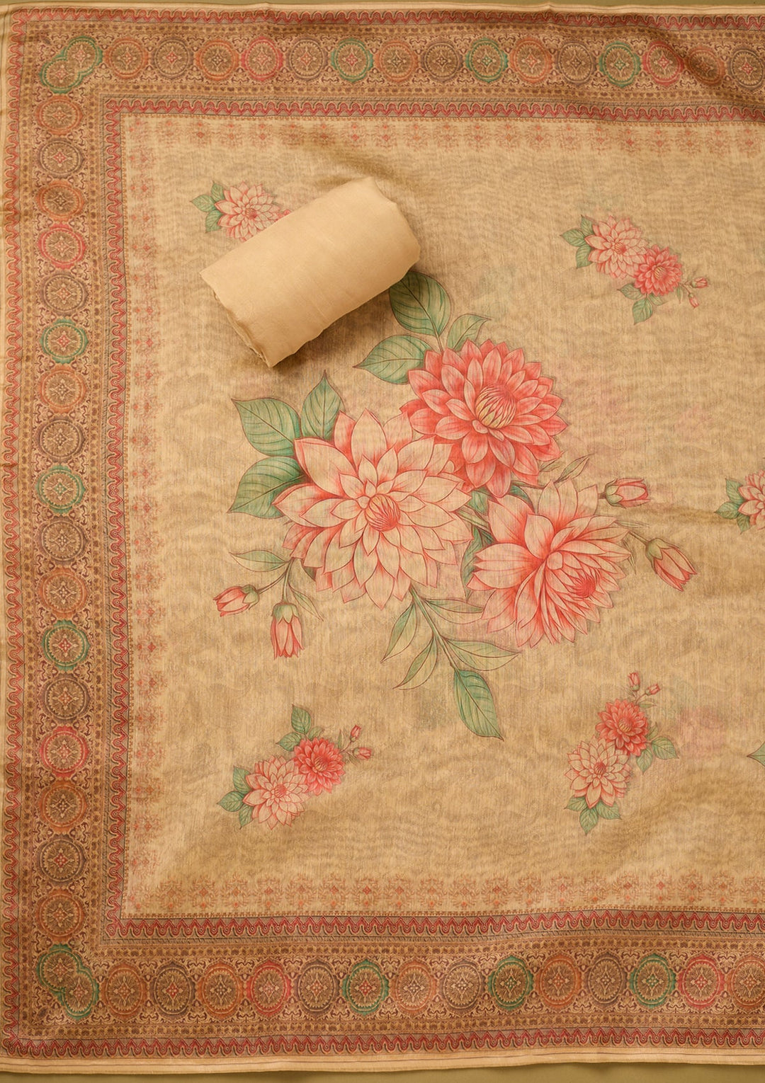 Beige Chanderi Floral Threadwork Unstitched Dress Material With Matching Bottom And Dupatta