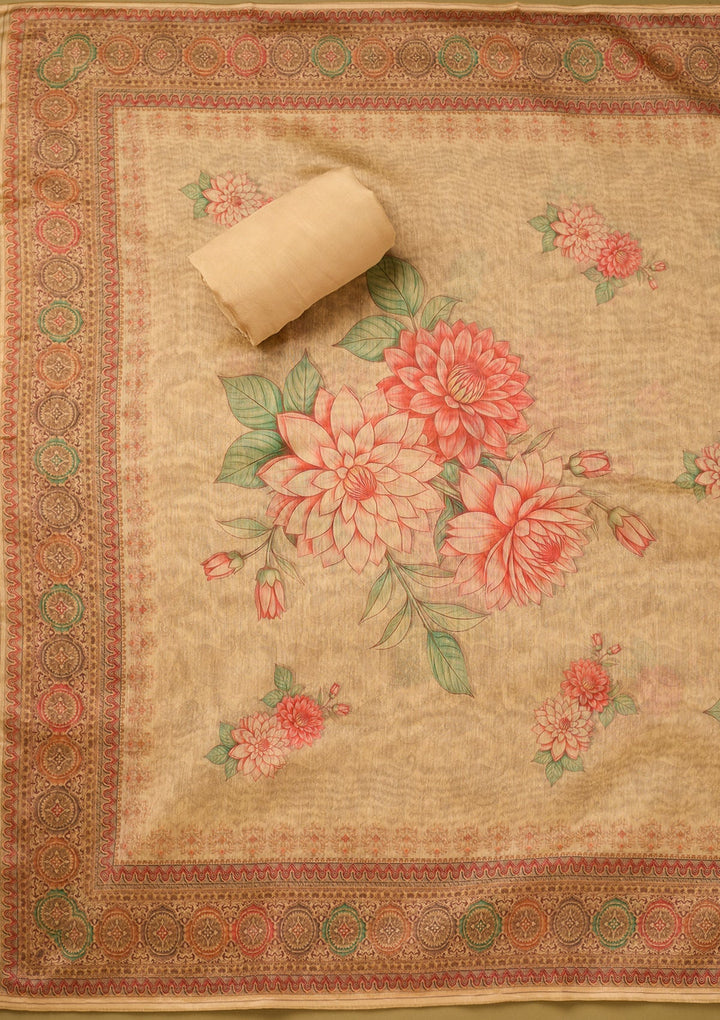 Beige Chanderi Floral Threadwork Unstitched Dress Material With Matching Bottom And Dupatta