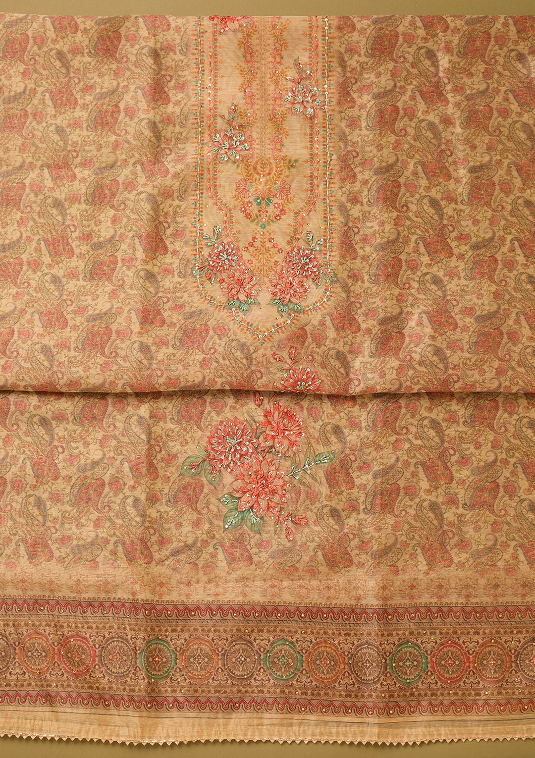 Beige Chanderi Floral Threadwork Unstitched Dress Material With Matching Bottom And Dupatta