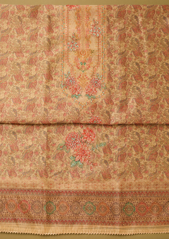 Beige Chanderi Floral Threadwork Unstitched Dress Material With Matching Bottom And Dupatta