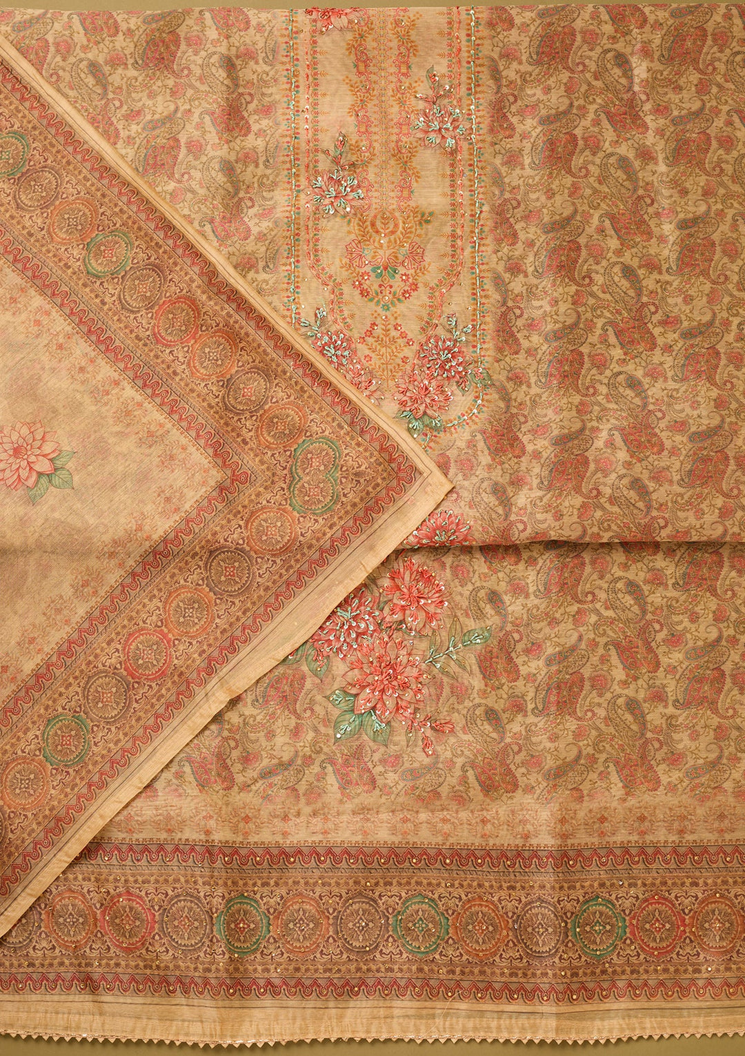 Beige Chanderi Floral Threadwork Unstitched Dress Material With Matching Bottom And Dupatta