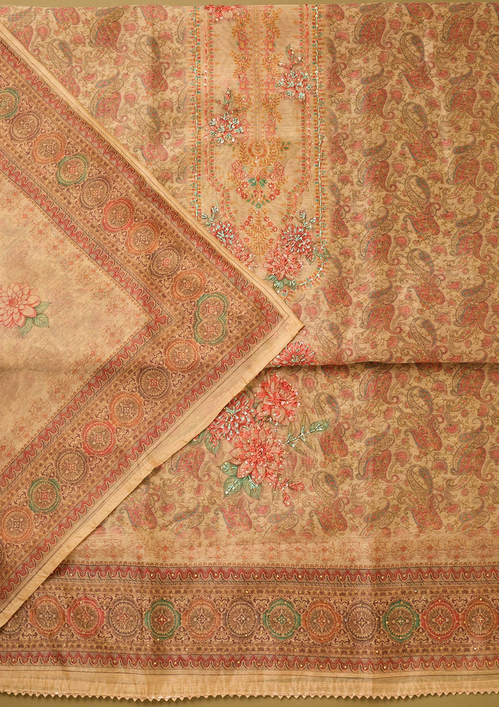 Beige Chanderi Floral Threadwork Unstitched Dress Material With Matching Bottom And Dupatta