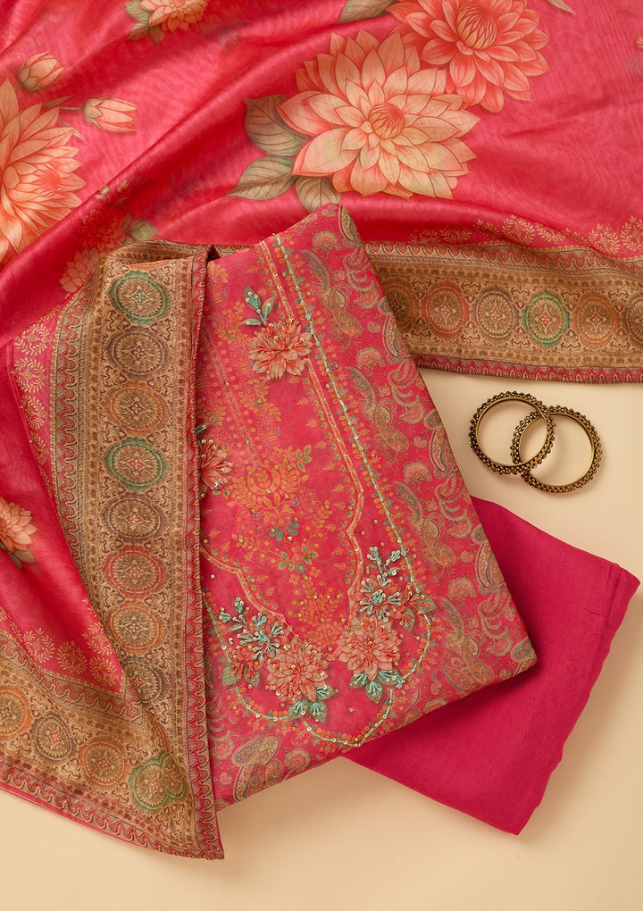Pink Threadwork Chanderi Unstitched Salwar Suit