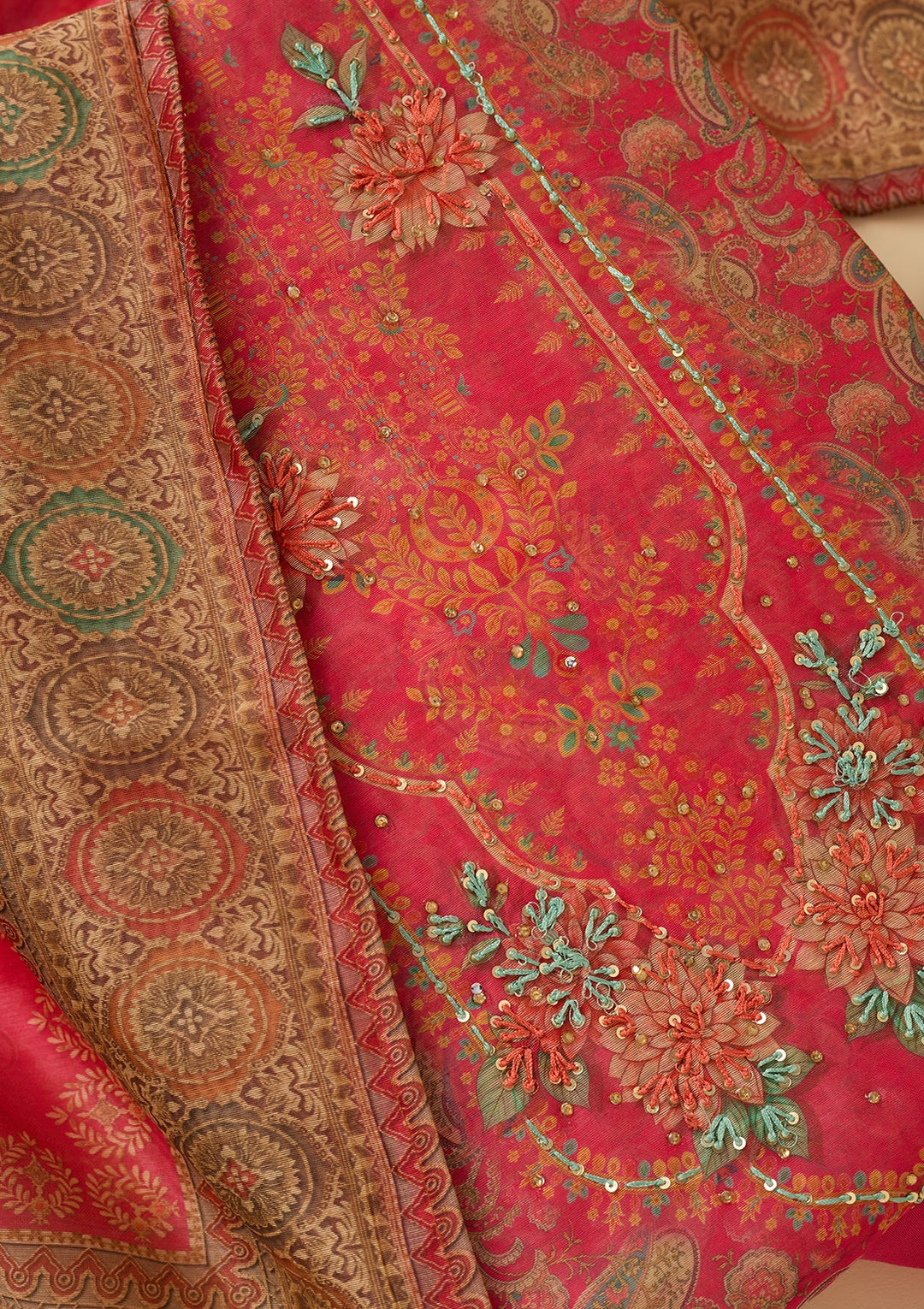 Pink Threadwork Chanderi Unstitched Salwar Suit