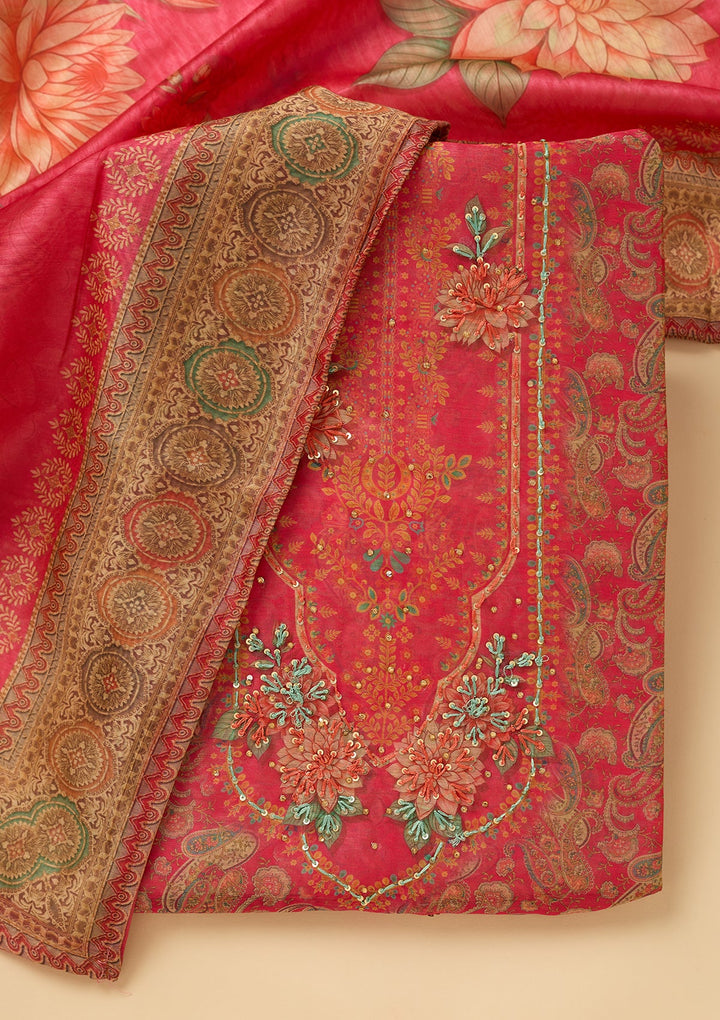 Pink Threadwork Chanderi Unstitched Salwar Suit