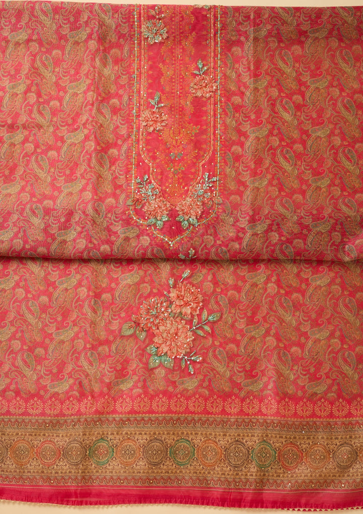 Pink Threadwork Chanderi Unstitched Salwar Suit