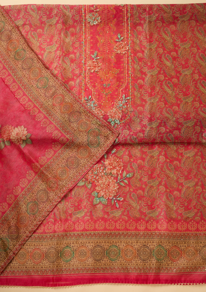 Pink Threadwork Chanderi Unstitched Salwar Suit